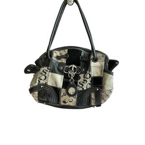 Sophia Caperelli Patchwork‎ Satchel Top Handle Bag purse Print Black Beige Hobo